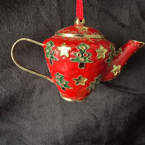 Vintage cloisonné miniature red tea pot ornament - Picture 3 of 6